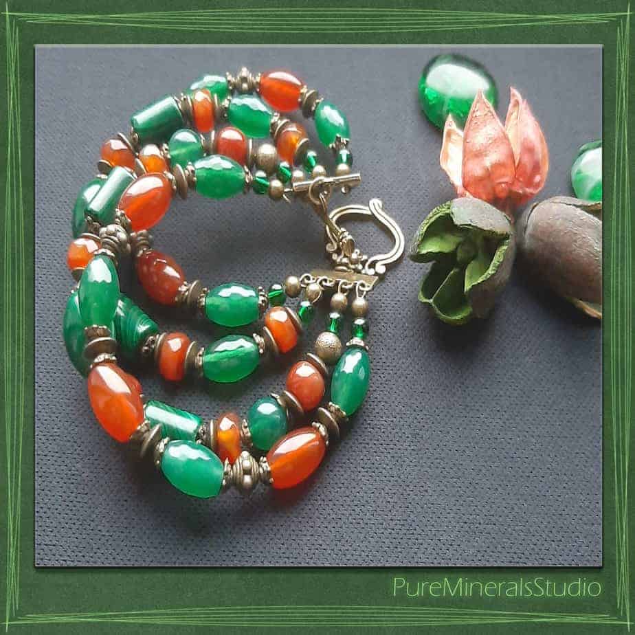 Bracelet made of Chrysoprase, Carnelian and Malachite - Image 3